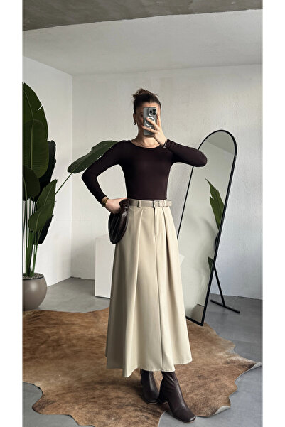asfamoda Women's Cream Maxi Size Belt Long Skirt Women's High Waist Pleated