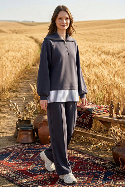 Nuss Half Zipper and Shirt Detail Tunic Trouser Set 1075 Navy Blue