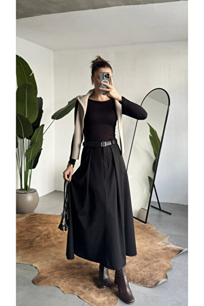 asfamoda تنورة طويلة سوداء للنساء مقاس ماكسي حزام قطعة تنورة نسائية عالية الخ...