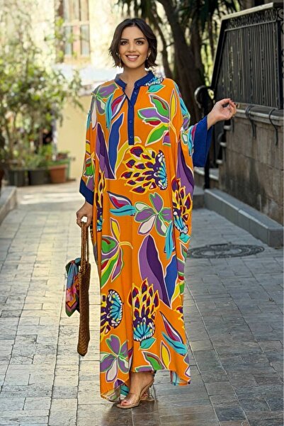 Nevin Kaya Moda Rochie Orange Tropik cu model bumbac 100% Mărime Plus