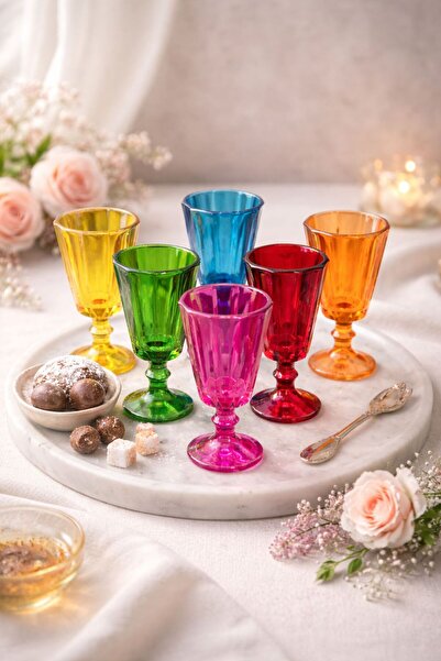 YzHome 6 Lı Flüt Renkli Kahve Yanı Su Bardağı Kadeh Kupa Bardak 75ml