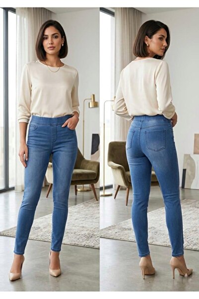 NEŞA KOTÇU Kadın Kot Pantolon Beli Lastikli Yüksek Bel Likralı Büyük-Küçük Beden Jeans