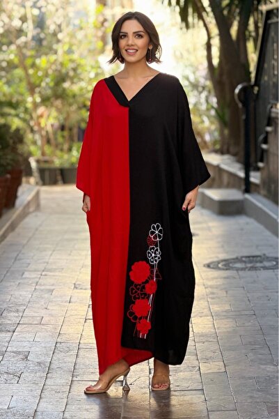 Nevin Kaya Moda Rochie neagră semi-roșie cu model mărime mare bumbac