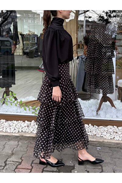 NANTİREA Puantiye desenli katlı uzun etek