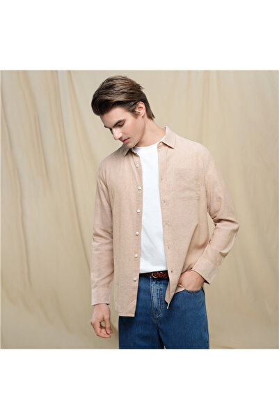 Giordano قميص رجالي ضيق من كتان قطن موحد