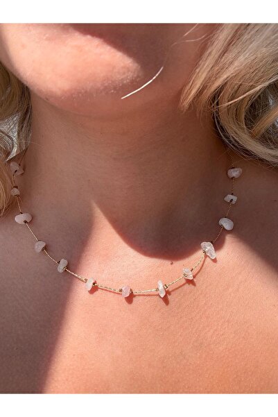 Vinlora Design Figured Pink Quartz Natural Stone Necklace – Minimal Gold Colo...