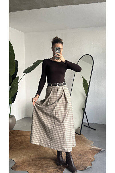 asfamoda Women's Cream Plaid Pcs Maxi Size Belt Pcs Long Skirt Women's High W...