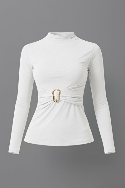 Potenza Women's Blouse Long Sleeve Waist Gold Buckle Detail Sandy Fabric Stre...