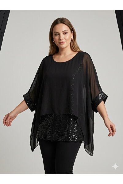 AYASOFYA OTANTIK Women's Italian Bitter Brown Sequin Detailed Bat Sleeve a Li...