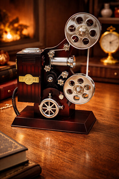 ARUZEN Vintage Sinema Projektör Tasarımlı Müzik Kutusu Dönen Film Makaralı De...