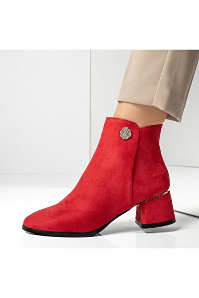 Modlet.ro Γυναικεία κόκκινα Σουέτ μποτάκια με χοντρό τακούνι και φερμουάρ MOD...