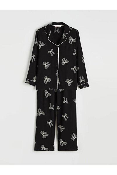 LC Waikiki Μαύρο πουκάμισο με γιακά και σχέδιο φιόγκου, γυναικεία πιτζάμα (S6)