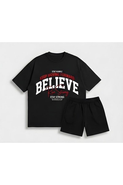 ALEYZA MODA Oversized T-Shirt Shorts Set Embroidered Cotton Piece Comfortable...