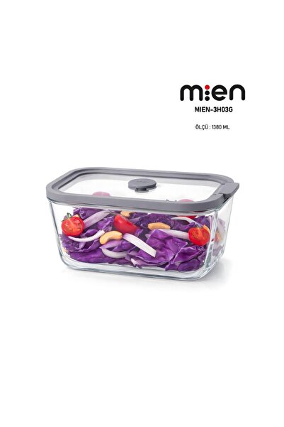MİEN 1380 ml Glass Storage Container with Leak-Proof Lid - Gray