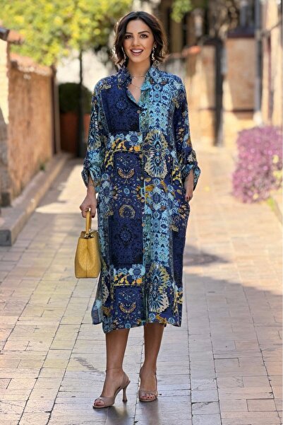 Nevin Kaya Moda Culoare Albastră cu imprimeu etnic rochie tip cămașă - G1