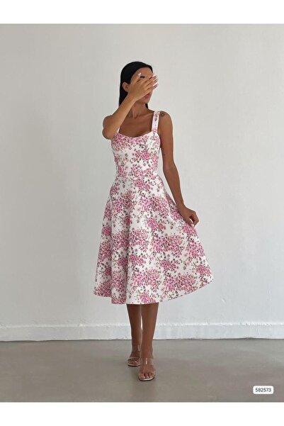 Modafeminen Ροζ φόρεμα μίντι με τετράγωνο γιακά Με σχέδιο 582573