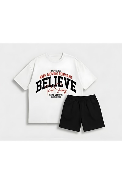 ALEYZA MODA Oversized T-Shirt Shorts Set Embroidered Cotton Piece Comfortable...