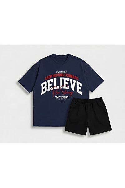 ALEYZA MODA Oversized T-Shirt Shorts Set Embroidered Cotton Piece Comfortable...