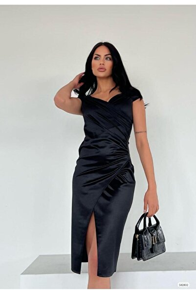 Modafeminen Μαύρο Σατέν διπλό πέτο άνοιγμα Μίντι Φόρεμα 582832