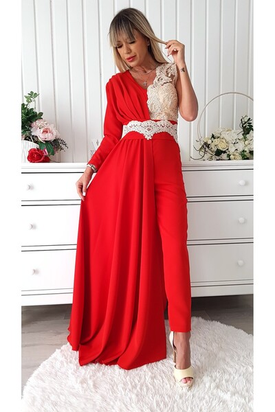 Voguesta Elegant Jumpsuit with Detachable Train Livia Red