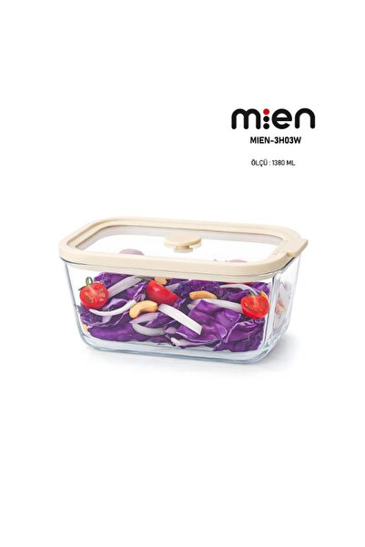 MİEN 1380 ML Sızdırmaz Kapaklı Cam Saklama Kabı - Krem