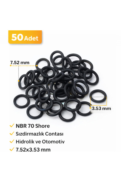 Yerli O-Ring 7.52x3.53 mm NBR 70 Shore Hidrolik Sızdırmazlık Contası 50 Adet
