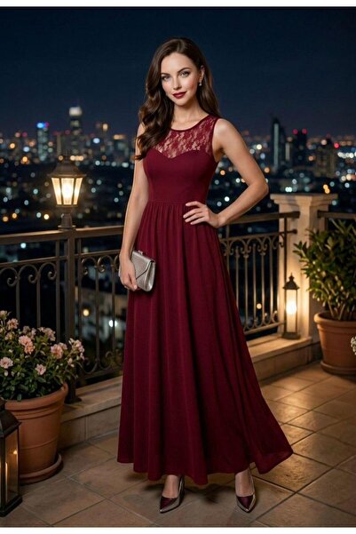 Modafeminen فستان سهرة طويل باللون الأحمر الداكن دانتيل مع تفاصيل 58271