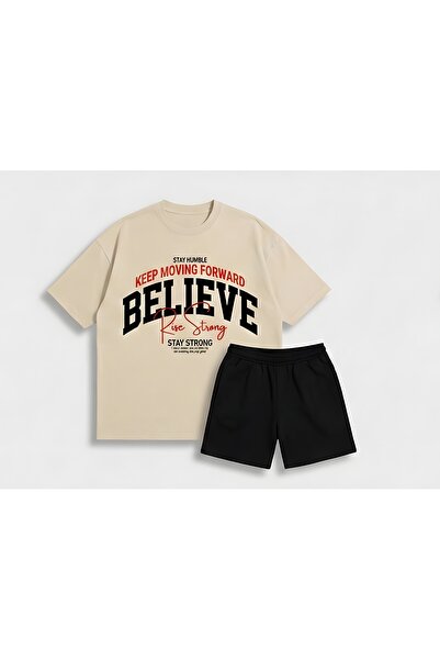 ALEYZA MODA Oversized T-Shirt Shorts Set Embroidered Cotton Piece Comfortable...