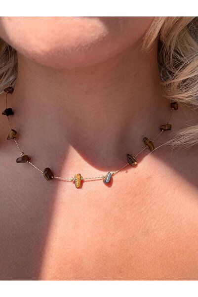 Vinlora Design Tiger's Eye Natural Stone Chain Necklace – Minimal Brown Natur...