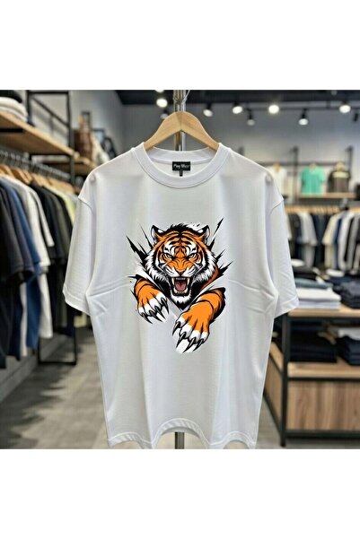 playwear تي شيرت Hırçın Kaplan مطبوع 100% قطن كبير الحجم وفضفاض ومقاس عادي وي...