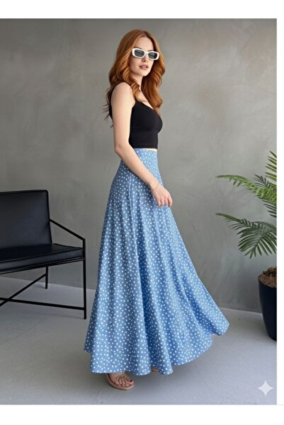 fayora Mavi Beyaz Puantiyeli Uzun Bürümcük Kloş Etek
