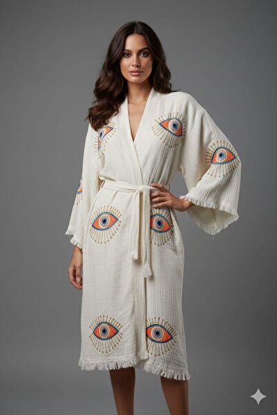 Missidea Bohemian Sun Aura Göz Patterned Kaftan Ecru