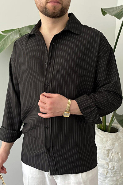 MissThetis Gömlek Yakalı Uzun Kollu Tam Düğme Kapamalı İnce Çizgili Desenli G...