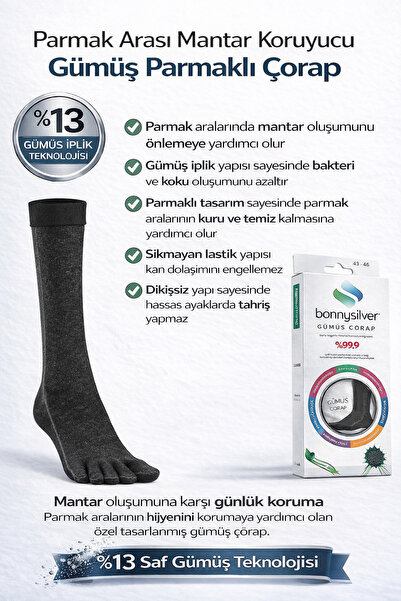 Fizyo Mantar Önleyici Parmaklı Soket Kadın Siyah Gümüş Çorap