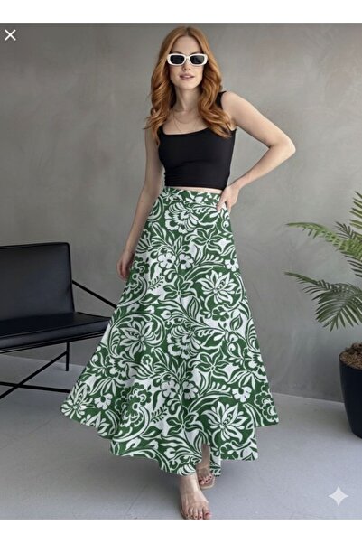 fayora Yeşil Çiçekli Uzun Bürümcük Kloş Etek
