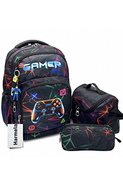 Harmela Karakter Patterned Black First School Bag 3-Piece Set Backpack Primar...
