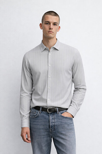 DAMGA JEANS Men's Striped Long Sleeve Gray Stretchy Shirt