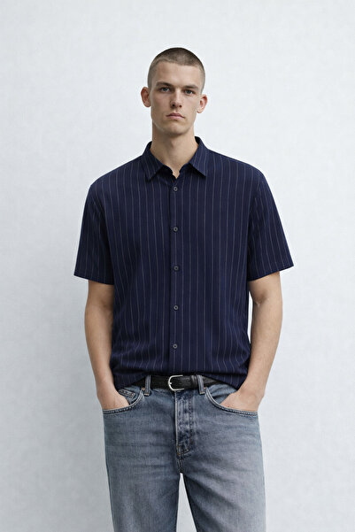 DAMGA JEANS Ανδρικό κοντομάνικο πουκάμισο Ριγέ Navy Blue για το καλοκαίρι