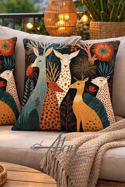 Atay Home Deer Patterned Decorative Throw Pillow Cover Double-Sided 43X43 cm – Bohemian Nature Themed Sofa Cushion Cover