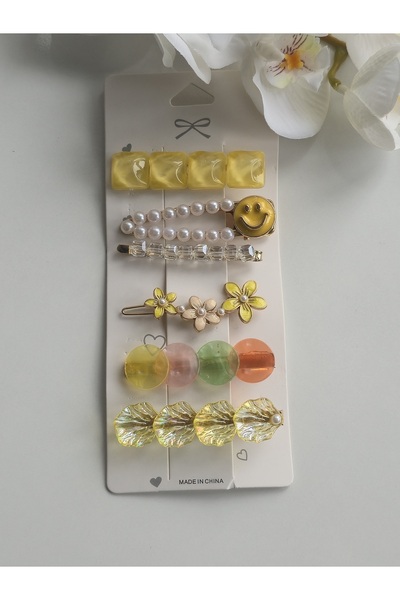 Glamluxe Yellow Color Mixed Women's Hair Clip Set – Pearl, Flower, Smile Deta...