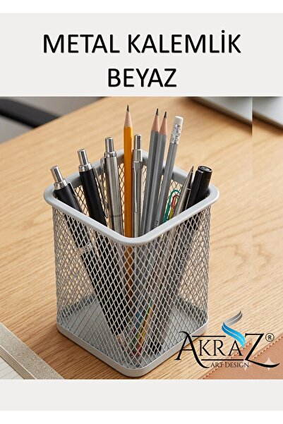 Akraz Art Design MASA ÜSTÜ METAL TEKLİ KALEMLİK BEYAZ (kare)