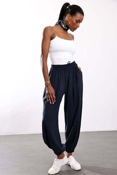 5in1Canpolat Navy Blue Elastic Waist Jogger Pants Trousers 11627