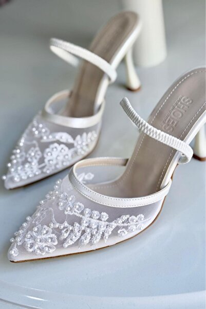 yezy shoes Lace Pearl Detailed Elastic Heeled Shoes Wedding Dress Engagement ...