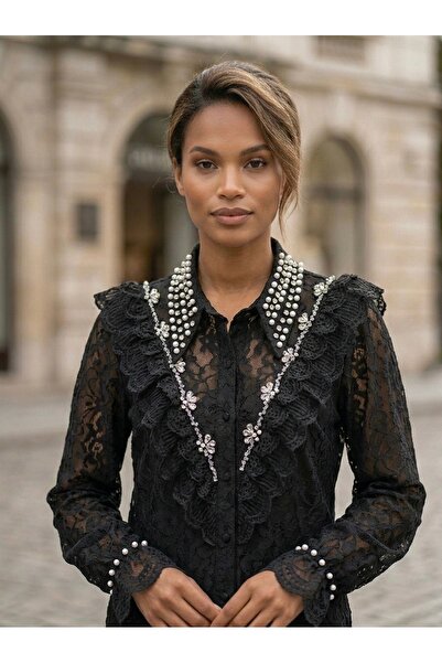 Rabiossa Kadın Taşlı Yaka Dantel İşlemeli Kristal Detaylı Gömlek
