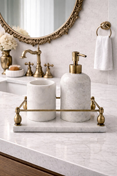 DMR HOME Lüks Mermer Banyo Seti Antik Pirinç Detaylı Sabunluk ve Diş Fırçalık...