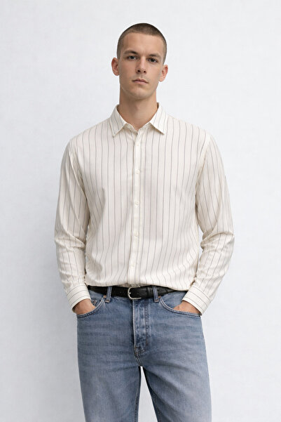 DAMGA JEANS Men's Striped Long Sleeve White Stretchy Shirt