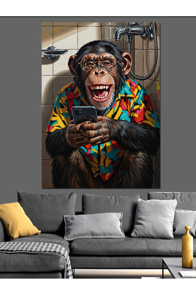karizmart Telefonla Konuşan Eğlenceli Maymun Figürü Dekoratif Kanvas - Mdf Ah...