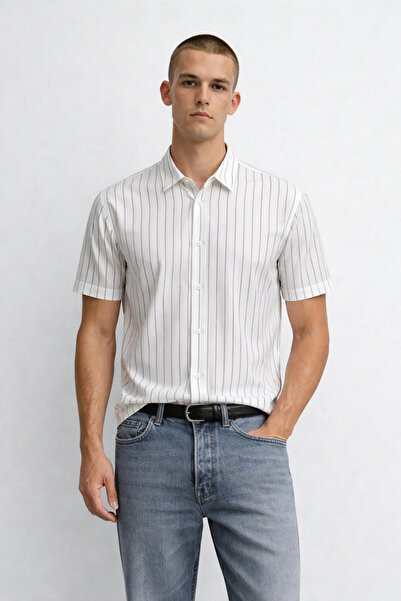 DAMGA JEANS Ανδρικό κοντομάνικο πουκάμισο Ριγέ λευκό καλοκαιρινό