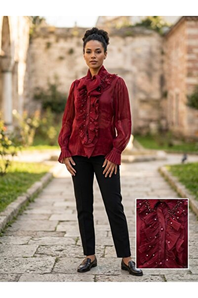 Rabiossa Women's Stone Collar Embroidered Detailed Shirt