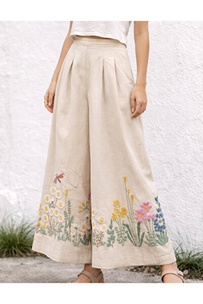 Nulivez Women's Beige Floral Print Wide-Leg Pants – Bohemian Style, High Wais...